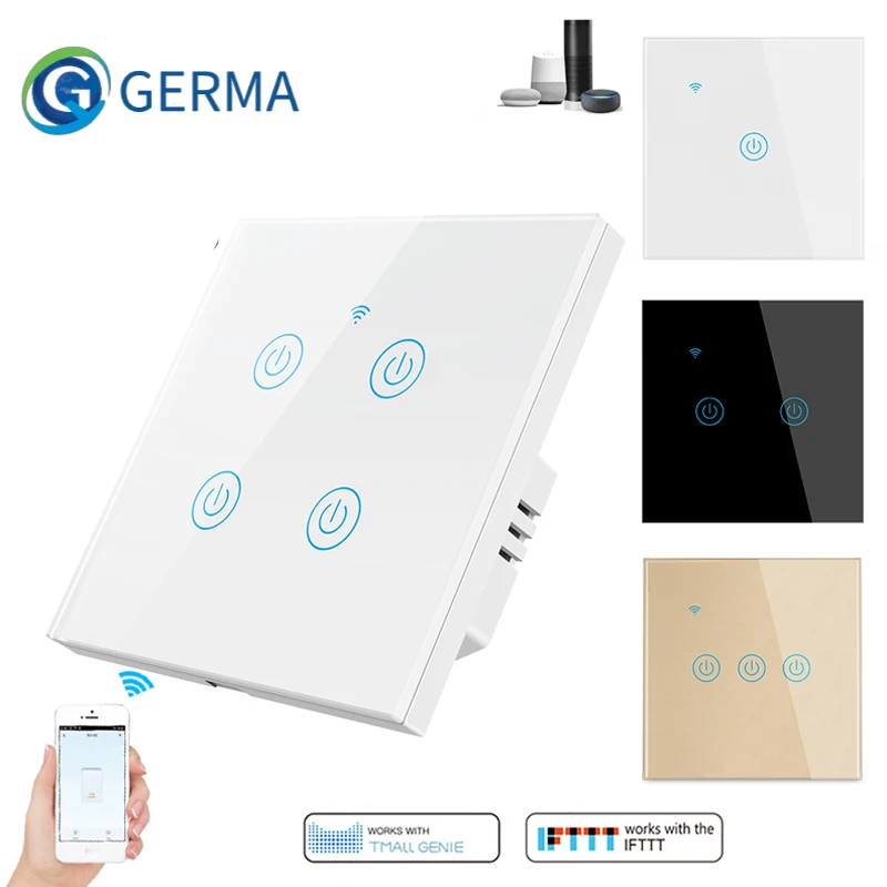 

GERMA Tuya WiFi Smart Glass Panel Light Switch Touch Wall Switch Smart Life/Tuya App Voice Work with Alexa, Google Home 1-4 gang