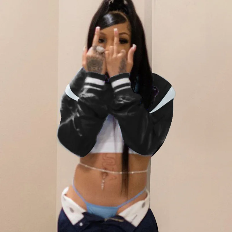 Autumn Jacket Female New Street Trend Hip-Hop Color Collision Leather Cut Short Embroidered Baseball Suit