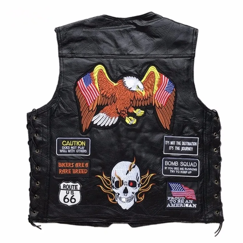 Men Vest Sheep Real Leather Embroidery Patch Motorcycle Man Clothes Fashion Punk Sleeveless Jacket Clothing Plus Size Waistcoat