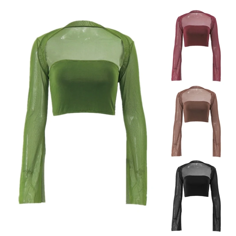 

Womens Sexy Mesh Tops Long Sleeve See Through T-Shirt Y2K Flare Sleeve Camisole