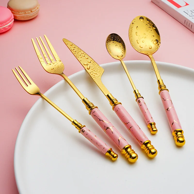

5pcs Stainless Steel Cutlery Set W Ceramic Handle Knife Fruit Fork Coffee Spoon For Kitchen Dinner Tableware Cutlery Set