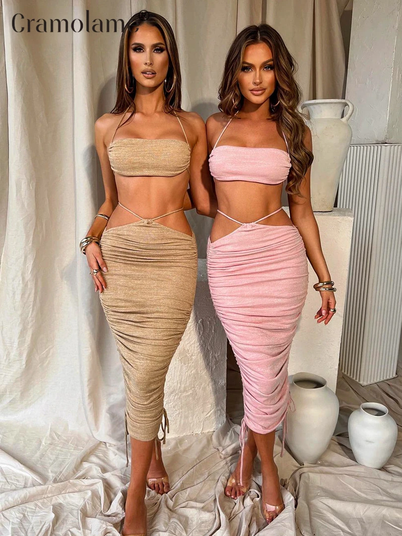 

Two Piece Set Outfits Halter Backless Crop Top and Bandage Midi Skirts Suit 2022 Summer Party Beach Club Long Dresses 2 Pcs Sets