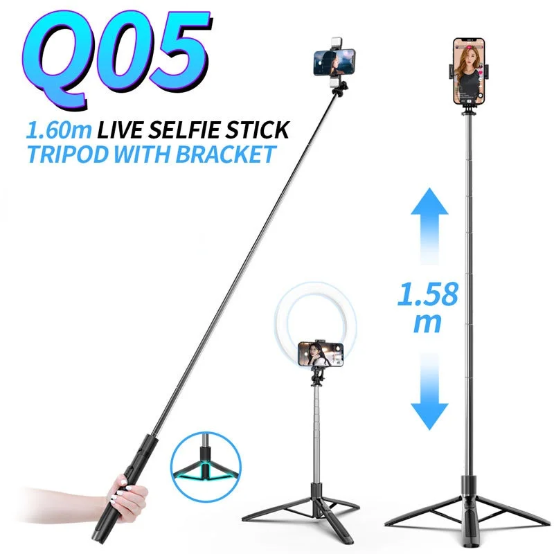 

Q05 1600mm Wireless Selfie Stick Bluetooth Shutter Tripod Foldable Monopod With Fill Light For Action Cameras Smartphones Selfie