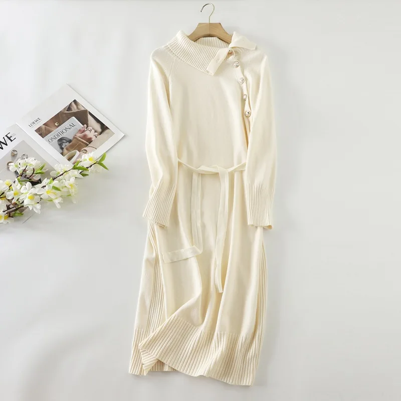 

2022 Fashion Designer asymmetrical Loose Autumn Winter Women Sweater dress Long Casual Lady Warm Knit Dresses