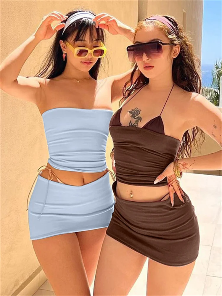 

CHRONSTYLE Women 2PCS Outfits Sets Low-Cut Strapless Off Shoulder Tube Tops Cropped Low Waist Short Mini Skirts Summer Clubwear