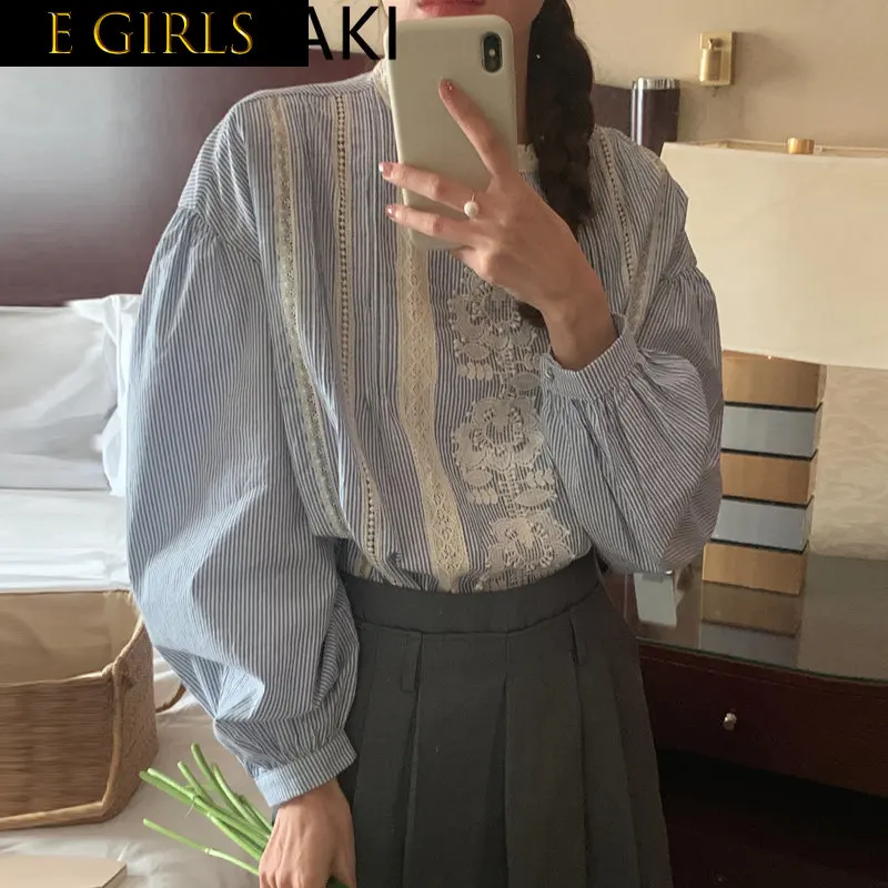 

E GIRLS O Neck Lace Hook Pattern Puff Sleeve Blouse Women Vintage Elegant Loose Casual Spring 2023 Shirts Korean Style Sweet Blu