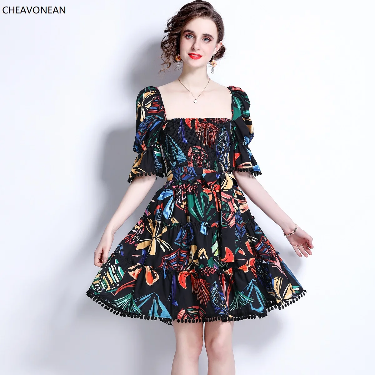 

Элегантное эластичное облегающее платье средней длины CHEAVONEAN, летнее платье с квадратным воротником и расклешенными манжетами, повседневны...