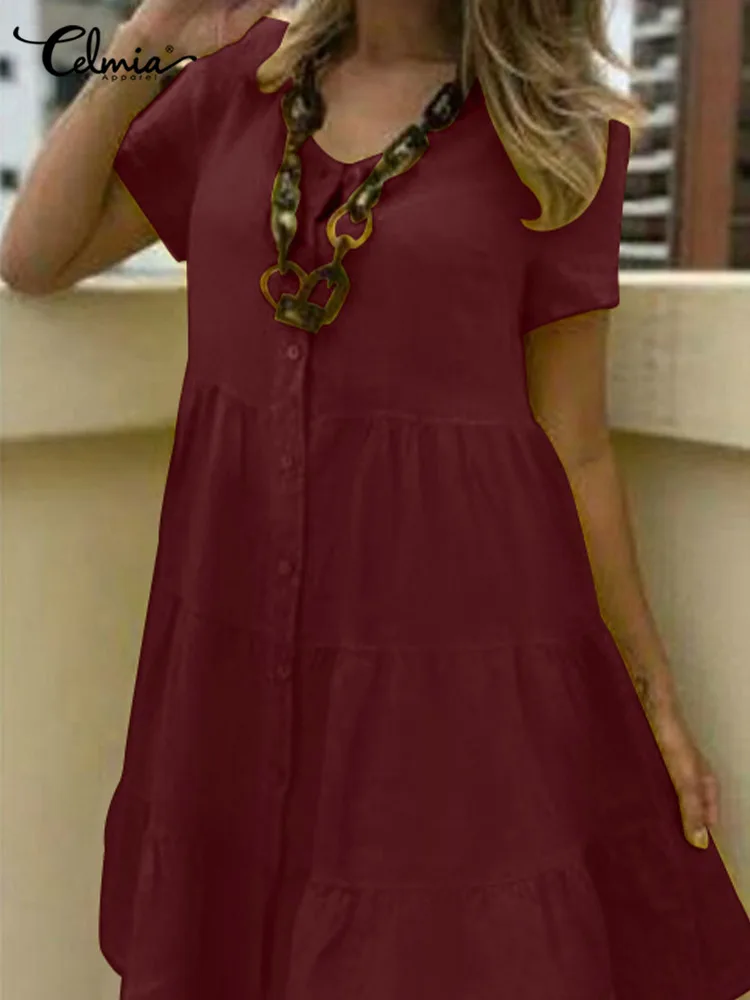 

Celmia 2022 Summer V Neck Mini Dress Casual Short Sleeve Cotton Linen Holiday Sundress Women Elegant Pleated A Line Vestidos