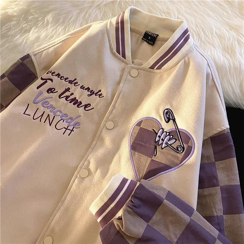 

Spring/Fall Embroidered Bomber Jacket Women Baseball Uniform High Street Style Checkerboard Stitching Long-sleeved Coat