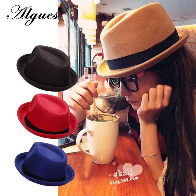 

New Classic Solid Color Felt Fedoras for Women Men Artificial Wool Blend Jazz Cap Wide Brim Simple Church Derby Flat Top Hat