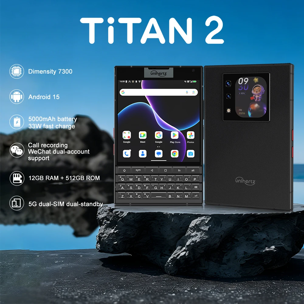 Фото Смартфон Unihertz Titan 2 5G Android 15 с физической клавиатурой, двойной экран, 12 ГБ, 512 ГБ, размер 7300, камера с двумя SIM-картами, 50 МП №1