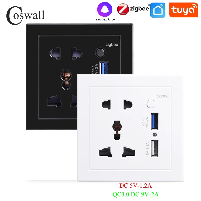 

Беспроводная умная универсальная розетка COSWALL с двумя USB-портами и поддержкой Wi-Fi/ZIGBEE Tuya, быстрое зарядное устройство 18 Вт, QC 3,0, 5 В/9 В/12 В пост...