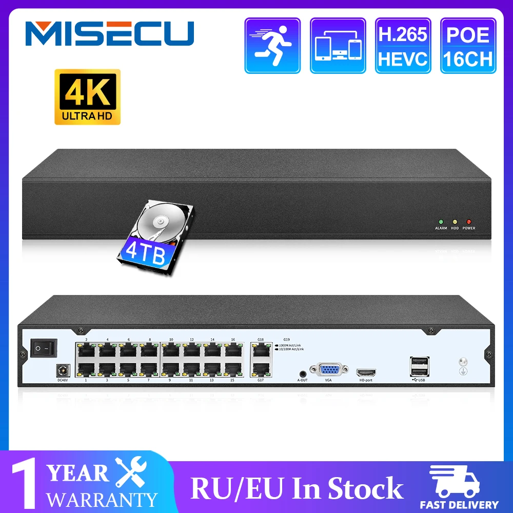 

Видеорегистратор Misecu 16CH 4k Ultra HD 8MP POE NVR H.265 48В IP-камера с функцией распознавания лица CCTV система P2P Play Back Network Xmeye
