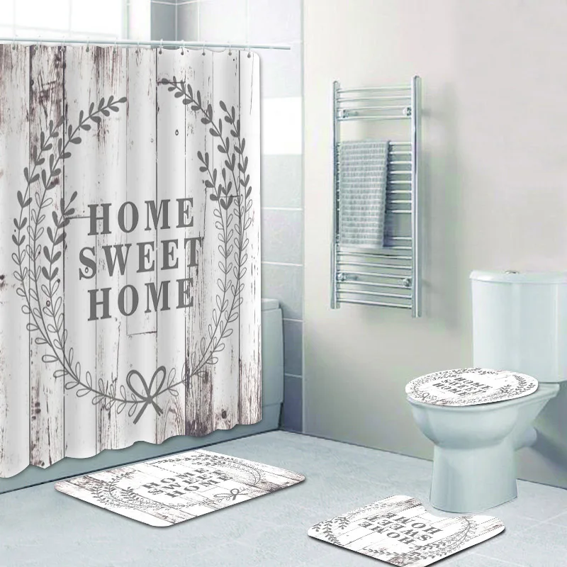 

Elegant Wood Home Sweet Home Wreath Bathroom Shower Curtain Set for Bathroom Rustic Wooden Family Bath Rugs Wedding Gift Decor