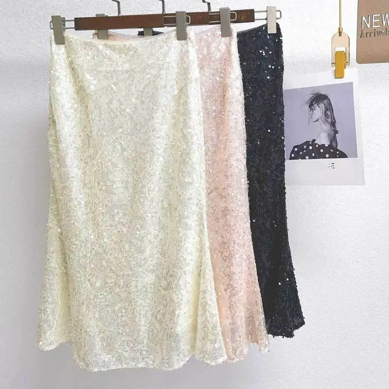 

SS New Solid Sequin Fishtail Skirt Fashion Runway High Waist Wrapped Hip Fishtail Skirts Simple Women Top Quality Clothes 3Color