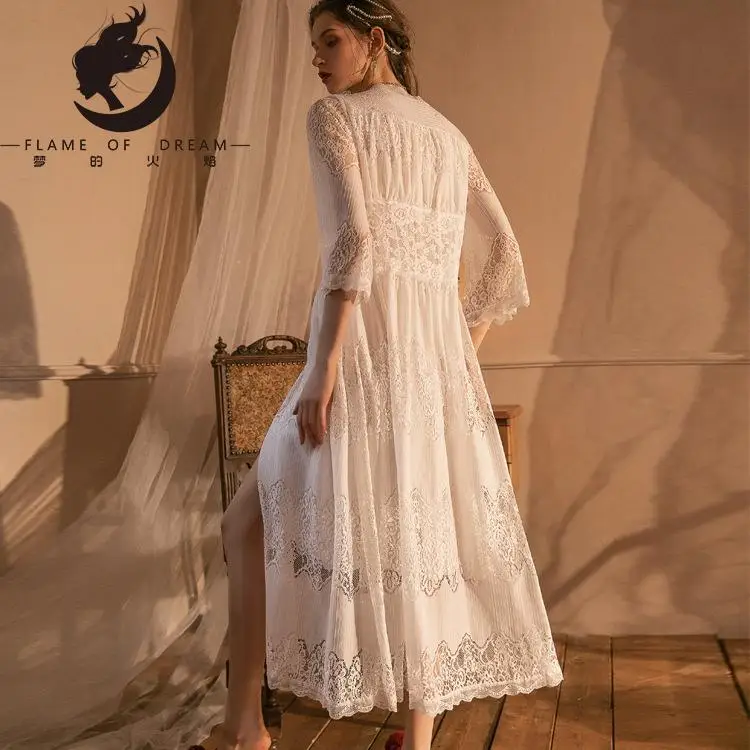 Flame Of Dream Lace  Mesh Sexy Robe Women  Suspender Nightdress Home Clothes Thin Double Layer Dress 221562