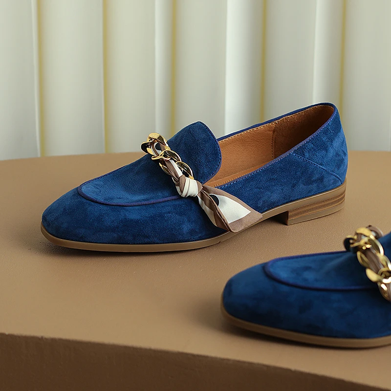 Female Muller Shoes With Chains Round Toe Handmade Ladies Daily Loafers Flat Shoes Woman Slip On Kid Suede Outdoor Flats