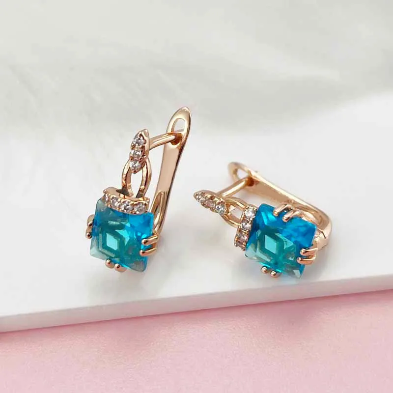 

Fashion Rose Gold Earring Feminine Small Simple Geometric Square Blue Zircon Earrings