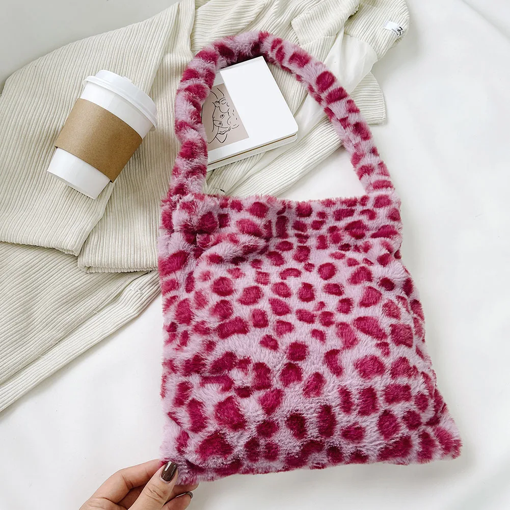 

Fluffy Women's Girls Portable Plush Female Handbag Autumn Winter Shoulder Clutches Retro Animal Printed Street Shopping Bags