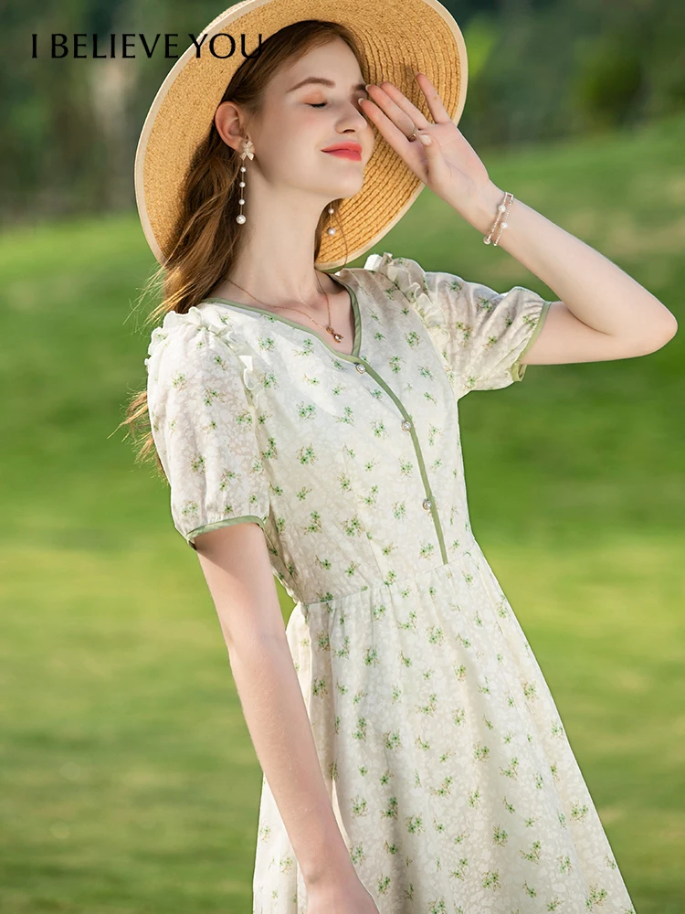 I BELIEVE YOU Summer Elegant Printed Woman Dress French gentle Floral Vneck Short Sleeve zipper Slim Mid-calf Vestido 2222094584