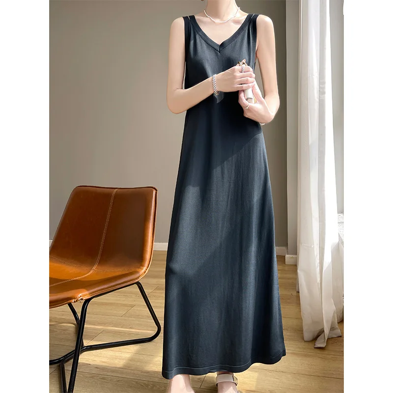 Вязаные платья на бретелях летнее женское вязаное длинное платье без рукавов