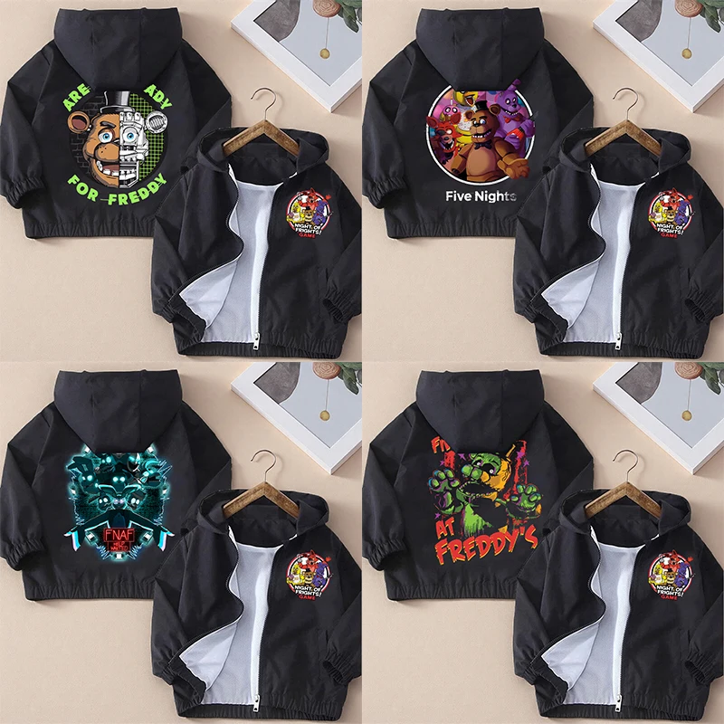 Фото Детские толстовки с капюшоном Five Nights At Freddys, пальто FNAF, топы с принтом персонажей мультфильмов, детская водонепроницаемая куртка, осенняя одежда для мальчиков №1