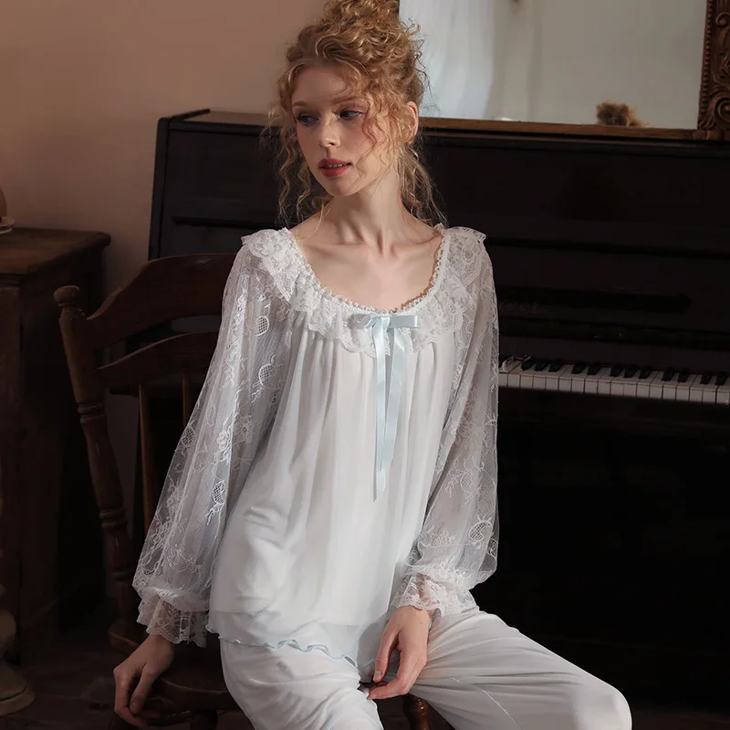 Women's Elegant Temperament Lace Gauze Splicing Round Neck Pajama Sets Modal Comfort Sleepwear Pajamas