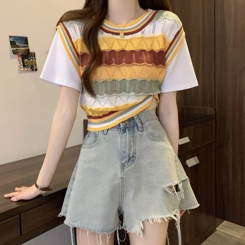 Иллюзионная футболка с круглым вырезом и цветными блоками полосатая вязаная