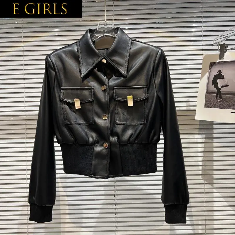 J GIRLS 2022 Autumn New Arrivals Long Sleeve Turn Down Collar Metal Buttons Faux Leather Pu Black Jacket Women Coat GG250