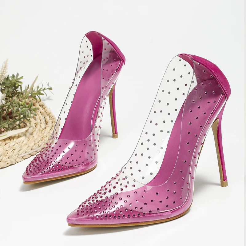

Eilyken Sexy PVC Transparent Clear Rhinestone Pumps Sandals Women Pointed Toe Stiletto High Heels Wedding Banquet Shoes
