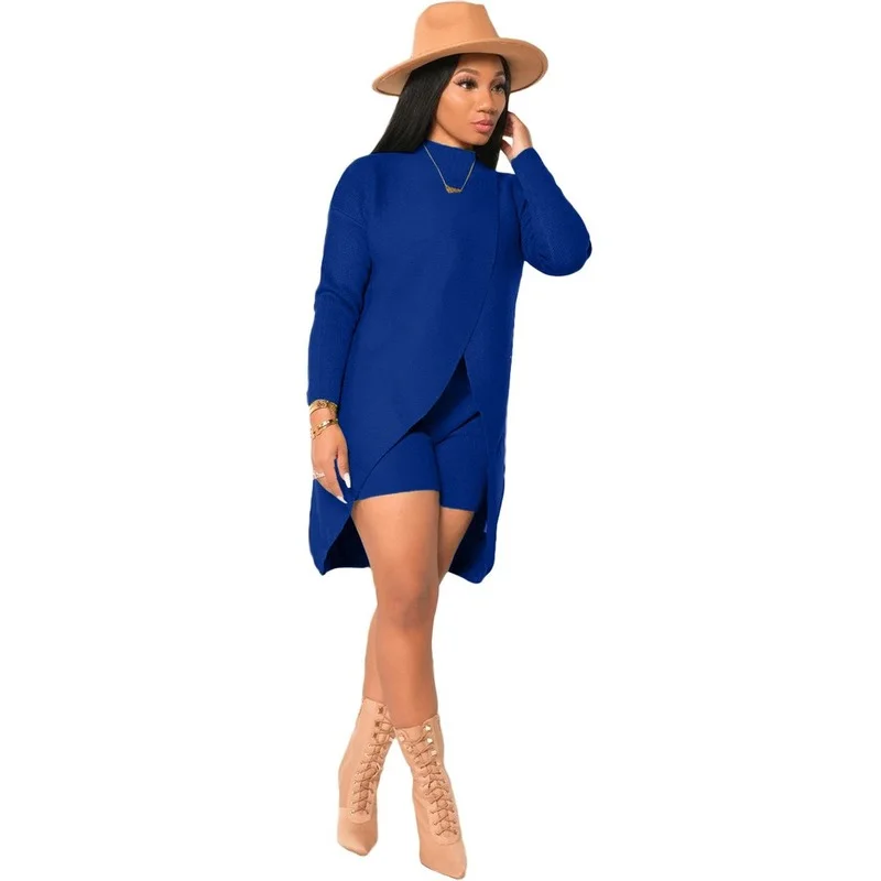 Women Two Piece Sets Front High Split Long Sleeve Loose Top High Waist Slim Shorts Autumn Winter Cashmere Sweater Warm Clothes