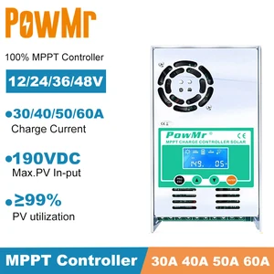 Контроллер заряда PowMr MPPT для солнечных батарей, 60 А, 50 А, 40 А, 30 А, ЖК-дисплей с подсветкой, 12 В, 24 В, 36 В, 48 В, регулятор солнечных батарей для входа солнечной панели до 190 в