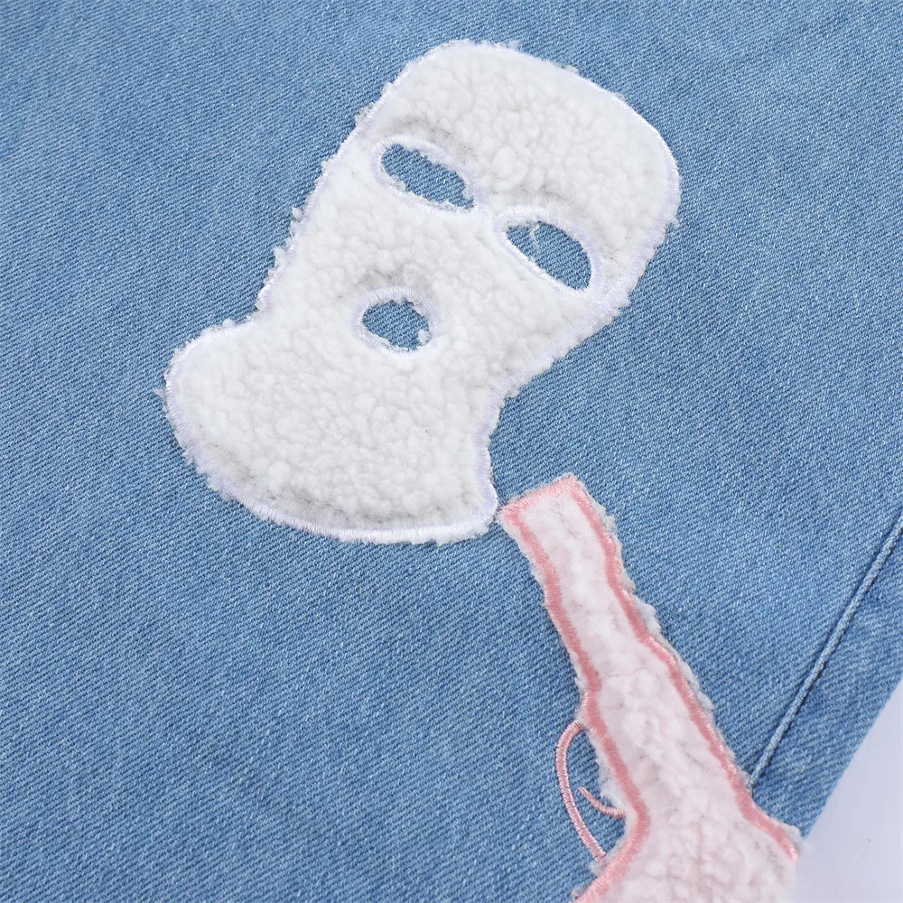 Harajuku Mask Gun Towel Embroidery Patchwork Mens Denim Pants Retro Streetwear Casual Straight Loose Jeans Trousers Pantalones