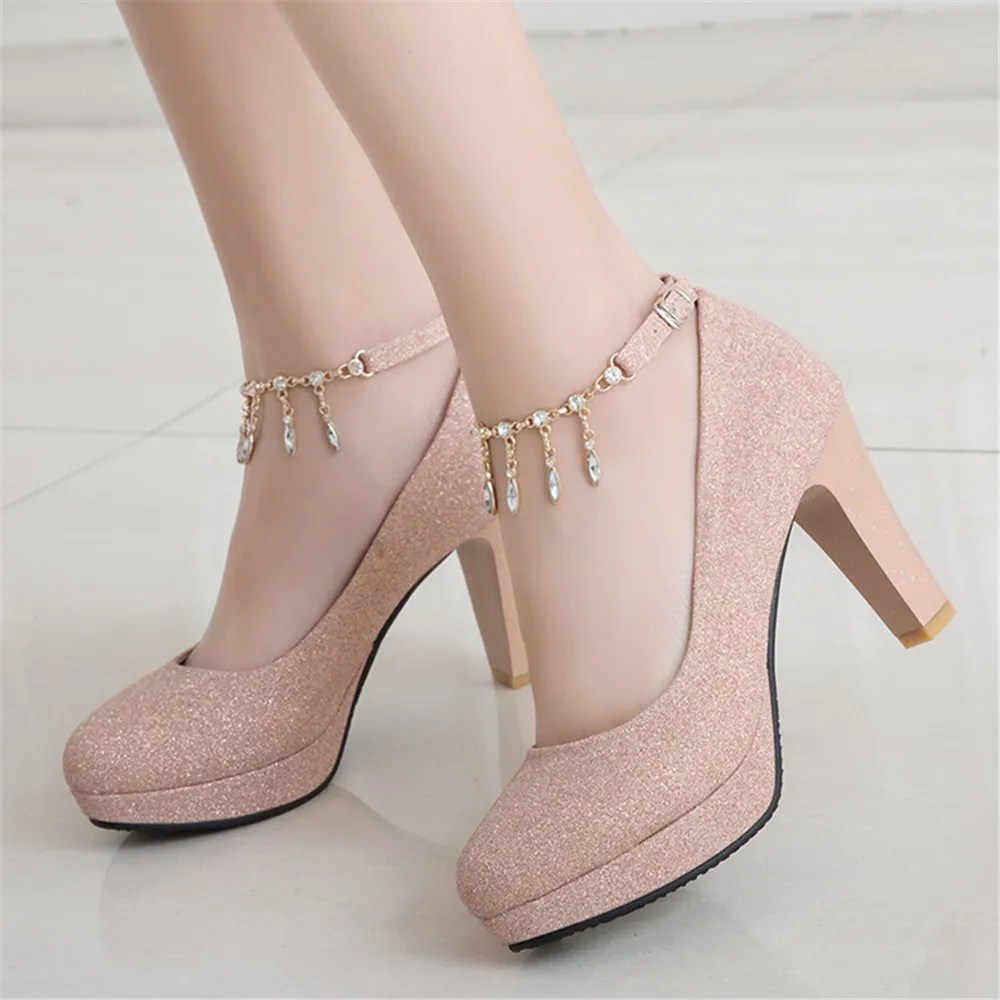 Spring Gold High Heels Platform Woman Pumps Autumn 2023 Luxury Crystal Ankle Ctrap Wedding Shoe Tacones Mujer Silver Pink 31-43