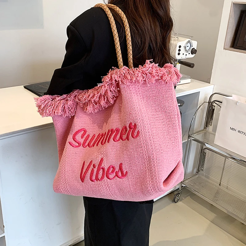 

Women Designer Beach Bag Brand Embroidery Canvas Shopper Top Handle Tote Handbag Large Capacity Tassel Shoulder Bags