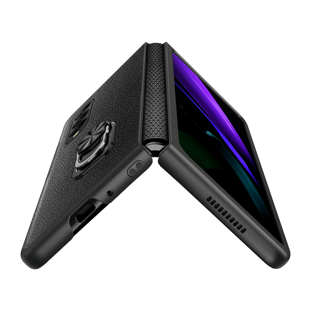 Cena Do Samsung Galaxy Z Fold 4 Case Luksusowy Wzór Lychee Skórzany Uchwyt Na Pierścień Składany Ekran Zawiasu All-inclusive Odporna Na Wstrząsy Pokrywa