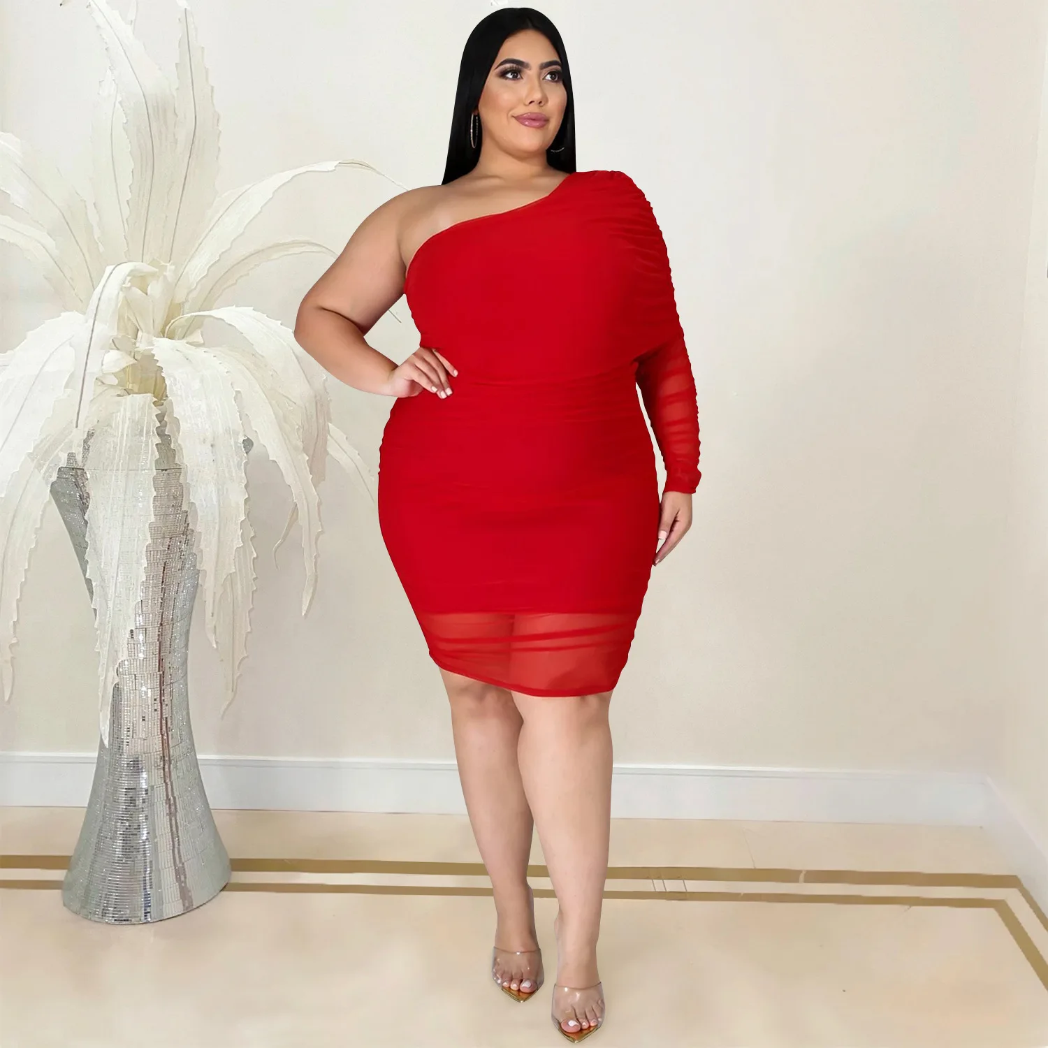 Plus Size Dress Prom Dress Plus Size Solid Mini Dress Sexy Slim Fashion Solid Oblique Cape Mid Dress Dress Women Evening Dress