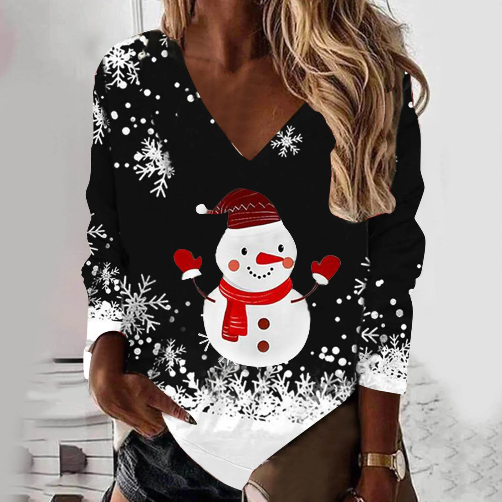 

Alt Oversized Sweatshirt Women Christmas Loose Sweatshirt Black Snowflake Deer Head Santa Cup Print V Light Zip up Hoodie Women