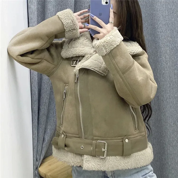 CINESSD New single autumn and winter  European American wind suede surface fur one lambswool warm jacket biker clothes female