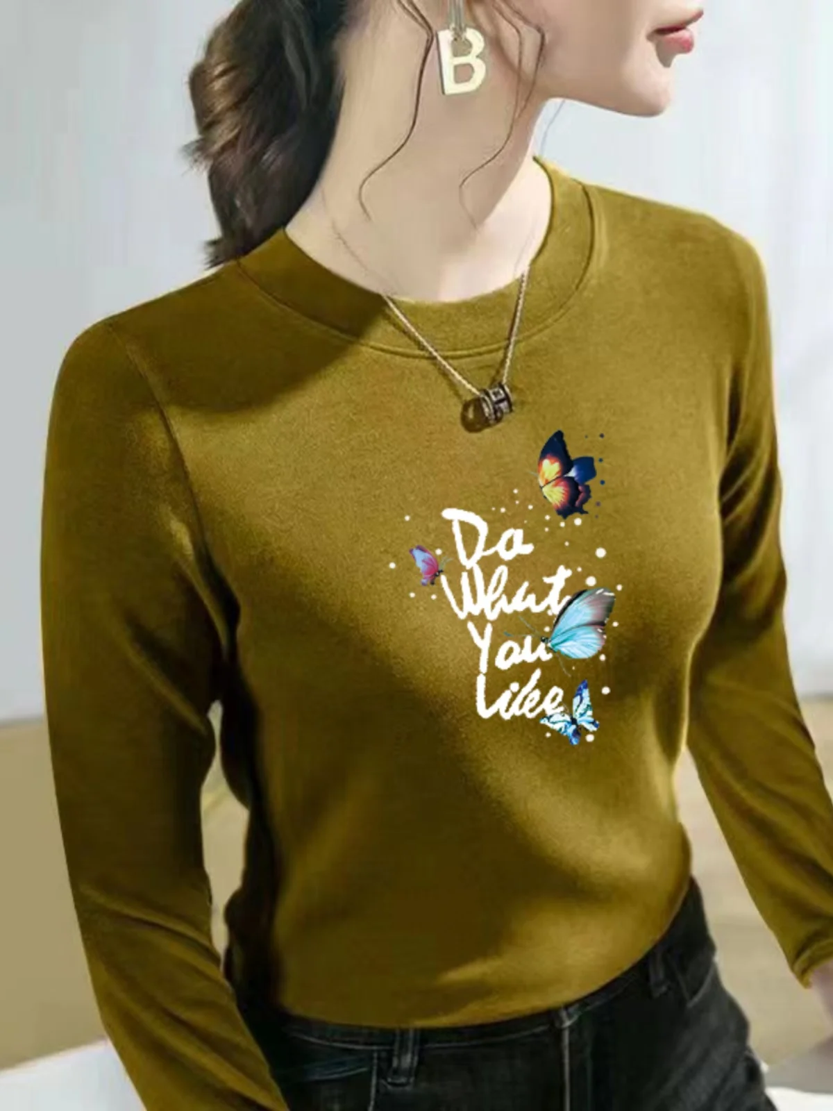Fleece-lined round Neck Long sleeves Shirt Women Top New Autumn and Winter Versatile Middle-aged Dress Dralon Thick War...