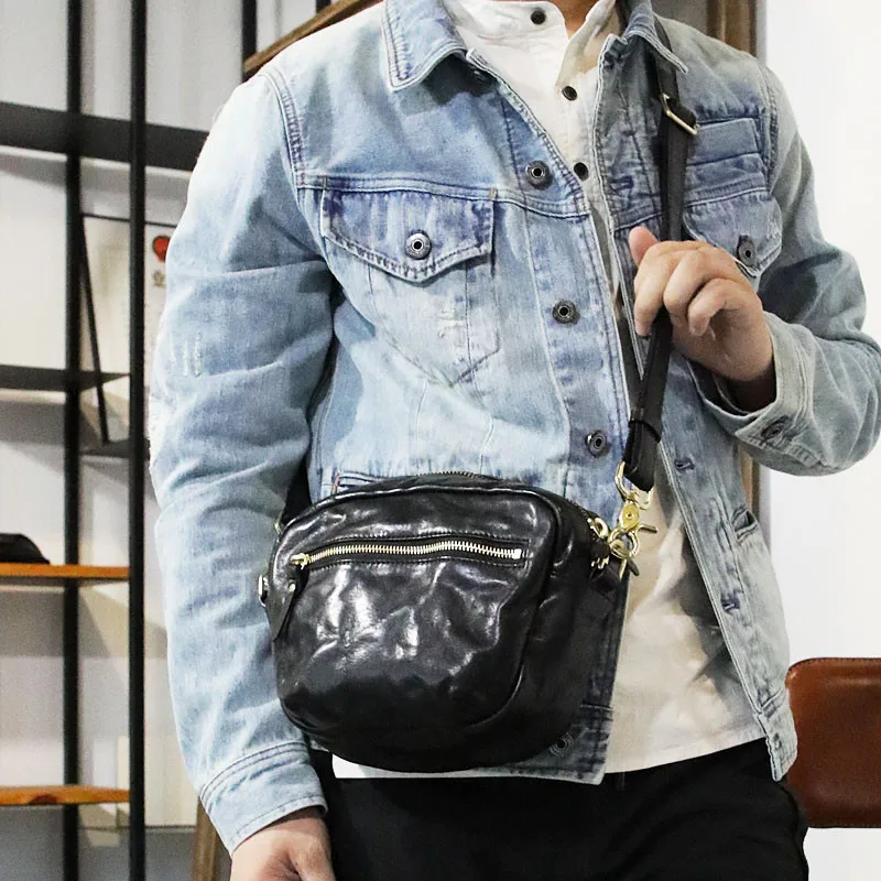 Casual luxury genuine leather men's black shoulder bag outdoor weekend daily trend natural real cowhide small crossbody bag