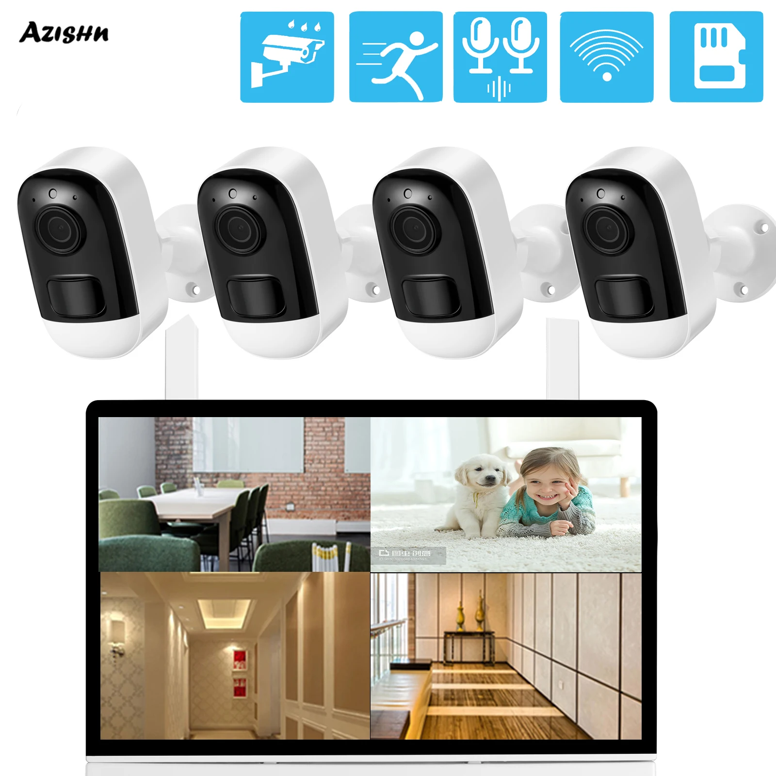 Наружная камера видеонаблюдения 3MP HD WIFI IP 7-дюймовый сенсорный ЖК 4-канальный комплект видеорегистратора