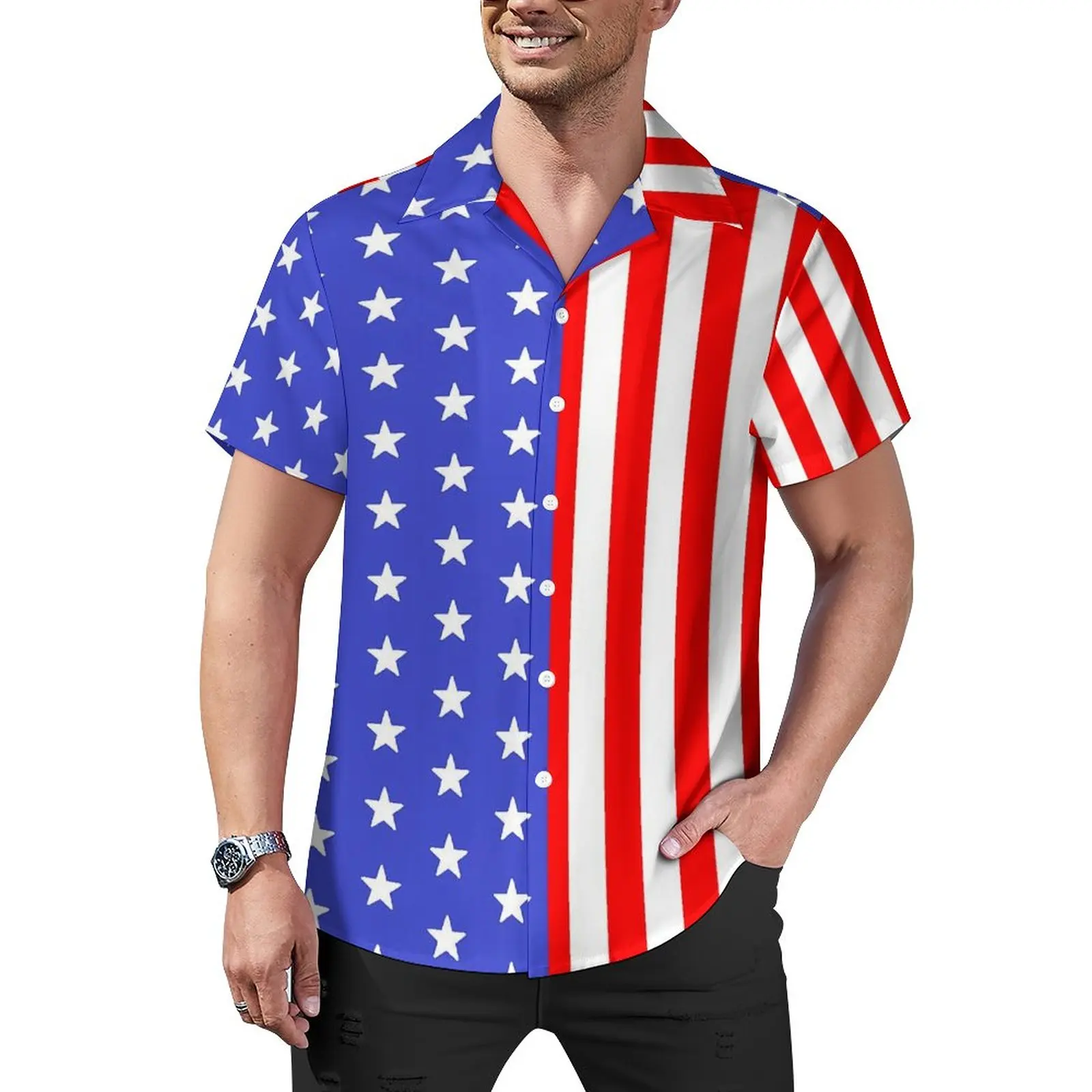 

American Flag Loose Shirt Mens Beach USA Stars and Stripes Casual Shirts Hawaii Graphic Short Sleeve Vintage Oversized Blouses
