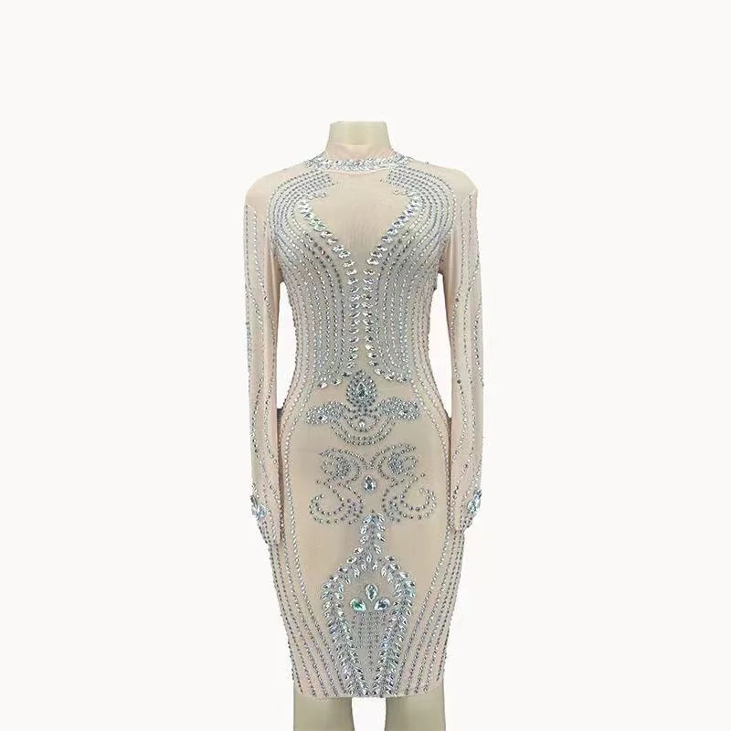 

Q306 Jumpsuit Host Package Buttocks Short Skirt New Rhinestone Long Sleeves Singer Catwalk Outfit Skinny Slim Model Show Stage