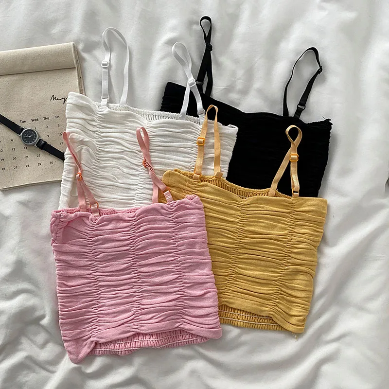 

Spaghetti Strap Tank Camis For Women Summer Pleated Sleeveless Corset Crop Tops Fashion Woman Tanks Camisoles y2k Dropshipping