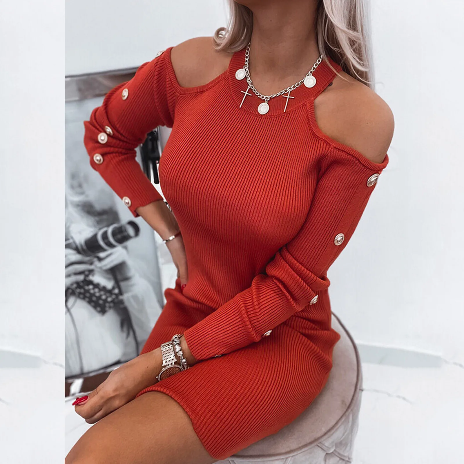 

Womens Ling Dress Autumn And Winter Women Dress Sexy Solid Color Dresses Long Sleeve O Neck Off Casual Ruffle Dresses for Women