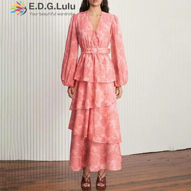 

Длинное платье EDGLuLu с V-образным вырезом и рукавами-фонариками, женское элегантное Роскошное дизайнерское платье с каскадными оборками, розовое платье с цветочным принтом и поясом 1004