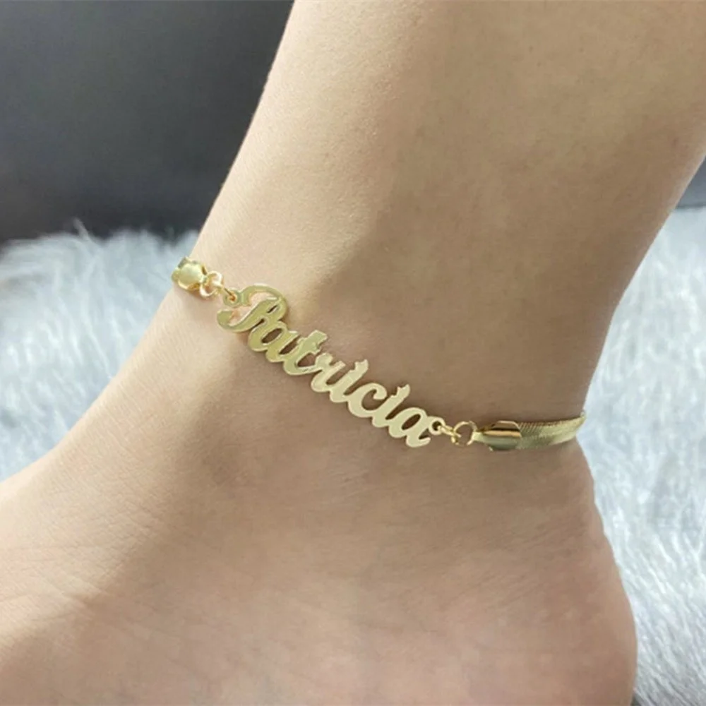 

Summer Custom Name Anklets Personalized Stainless Steel Snake Chain Customized Nameplate Anklet For Women Beach Gfit