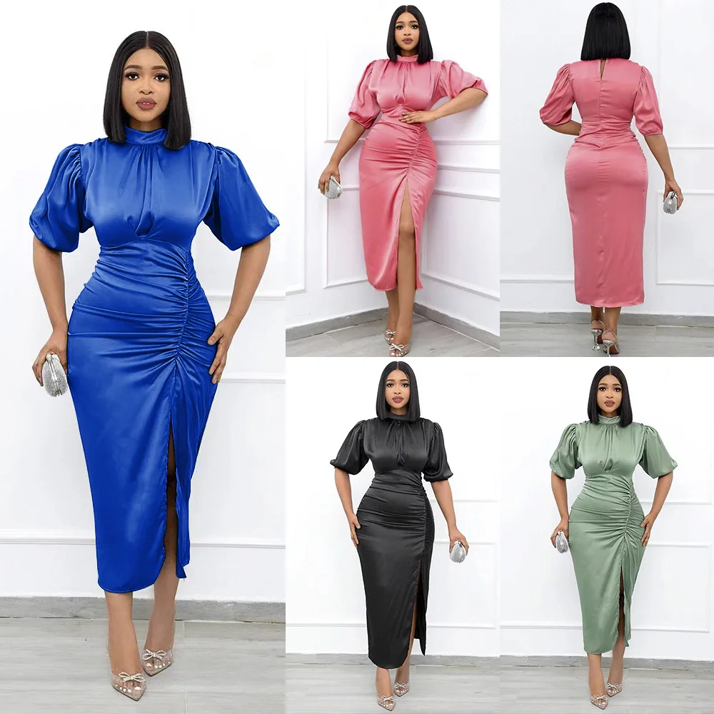 

L-3XL African Dresses for Women Summer African Women Short Sleeve Black Green Blue Pink Knee-length Dress African Clothes Women