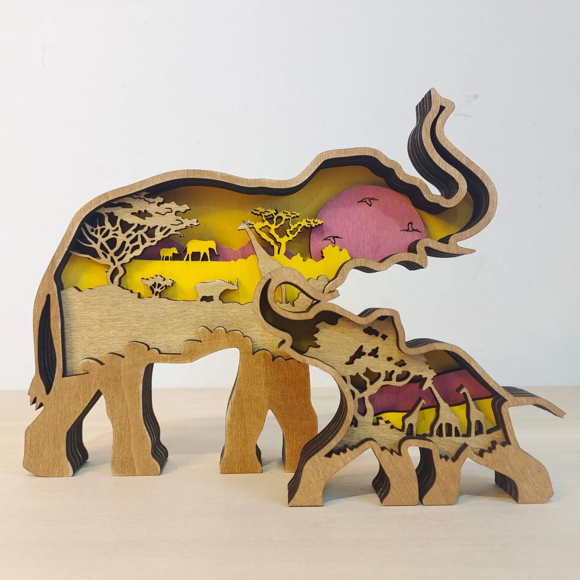 

One Pair Wooden Elephant Figurine Home Decor Table Animal Ornament Handmade Sculpture Craft Wood Natural Great Gifts Droshipping